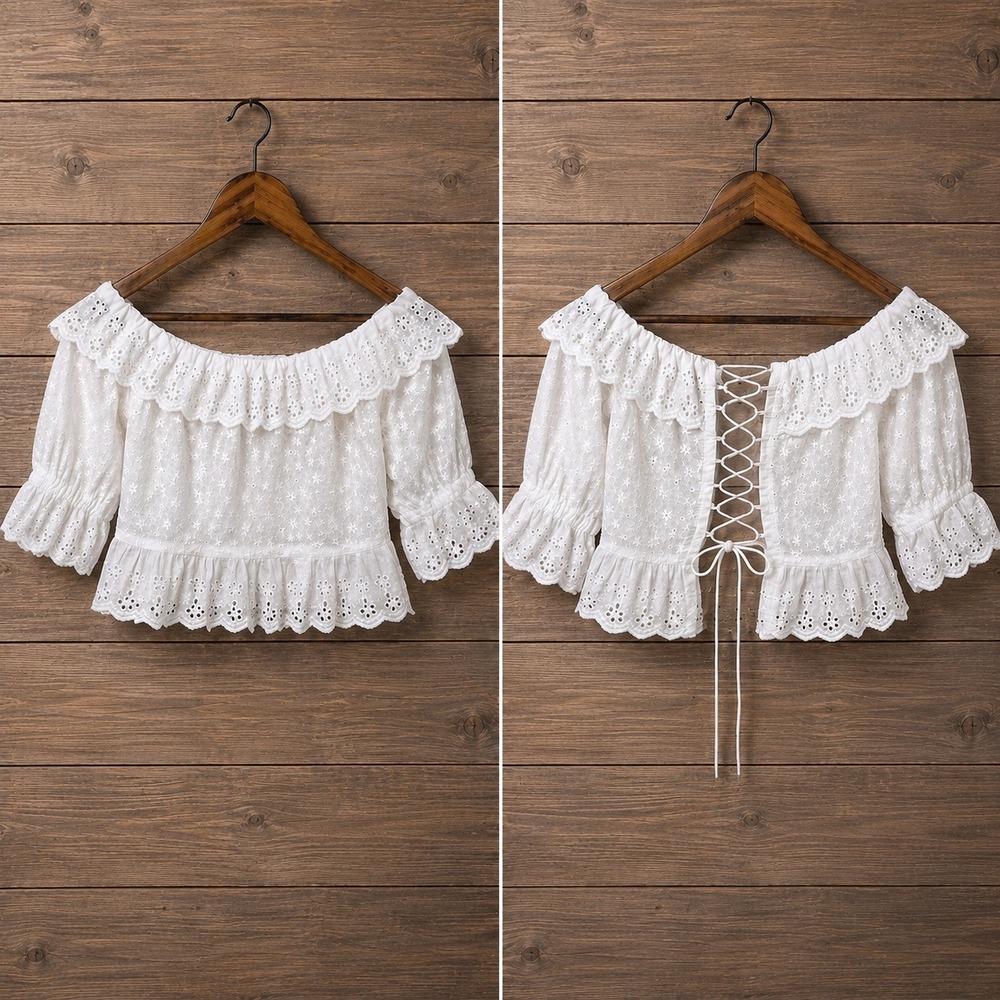 Zara White Eyelet Milkmaid‎ Peplum Crop Top XS Coquette Festival Coastal Cottage